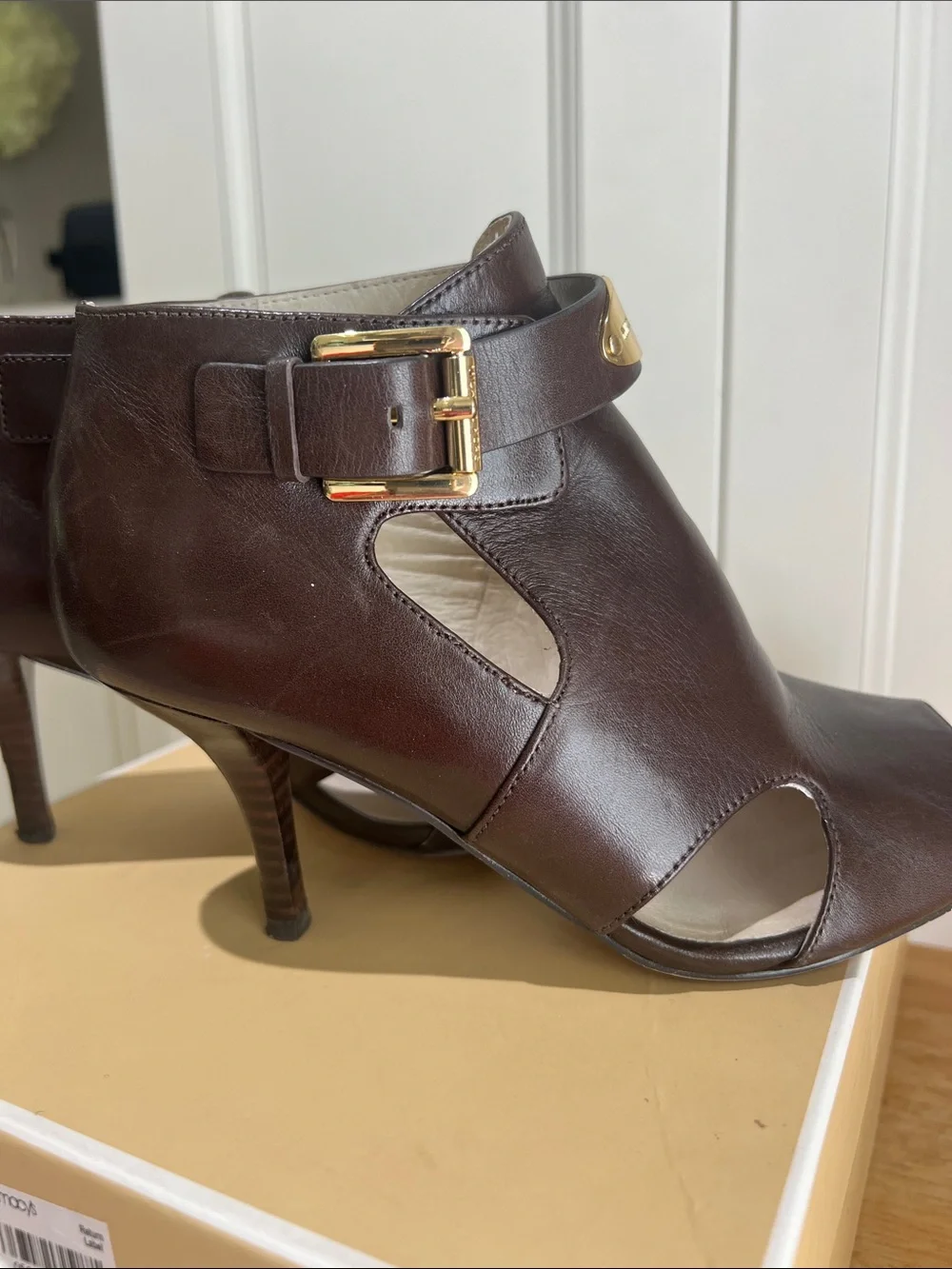 Michael Kors Dark Brown Leather Peep-Toe Cutout Heels with Gold Plaque